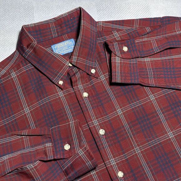 Vintage 60s 70s Pendleton Red Plaid Wool Button Down Shirt Men's‎ Size Large - Picture 1 of 13